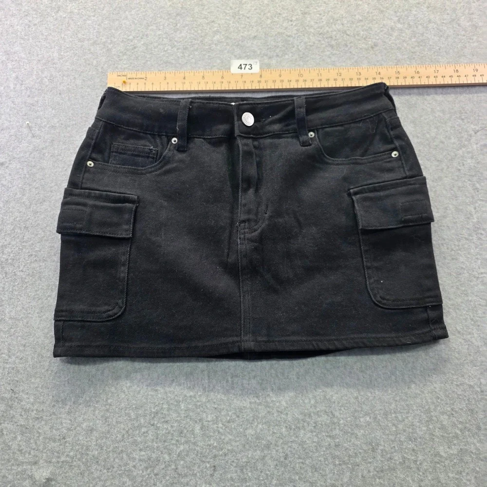 PacSun Womens Black Denim Cargo Mini Skirt Size 25 Utility Pocket Y2K Style